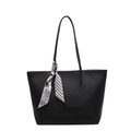 Black litchi grain tote bag for women featuring a black and white geometric silk scarf - Black
