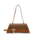 Chic brown leather and canvas crossbody bag with trapezoid shape and gold buckle - Brown