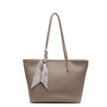 Chic apricot lychee pattern tote bag with decorative silk scarf and slim handles - Khaki