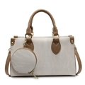 Borsa beige minimalista con trama marmorizzata, finiture in pelle marrone e mini ciondolo - Bianco Sporco