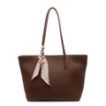 Brown lychee-patterned leather tote bag with geometric silk scarf on handle - Brown