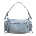Light blue patent leather Y2K crossbody bag with multiple zipper pockets and silver hardware - Blue