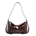 Retro dark brown oily leather large tote bag with gold buckle for women fashion - Brown