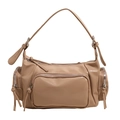 Khaki vintage motorcycle style shoulder bag with multiple utility pockets and silver zippers - Khaki