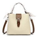 Litchi pattern bucket bag in beige leather with silk scarf handle and crossbody strap - Off White