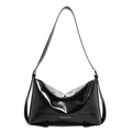 Glossy black leather tote bag with gold lettering and adjustable shoulder strap - Black