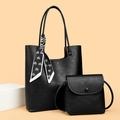 Litchi texture black tote bag set with a small crossbody bag and heart print scarf decoration - Brown