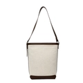 Bolso tipo cubo minimalista de lona beige con ribete de cuero marrón y correa ajustable - Marrón