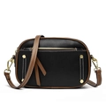 Bolso bandolera de cuero negro con borde marrón y cremalleras doradas de moda - Negro
