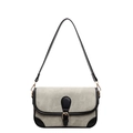 Petit sac carré rétro gris clair avec bordures en cuir noir et boucle en métal doré - Toile Beige Patchwork Cuir Noir / Beige