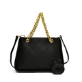 Black quilted crossbody bag with stylish gold chain handle and pebble grain texture - Black