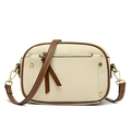 Bolso bandolera beige con ribete marrón y textura de cuero granulado de alta calidad - Blanco Roto