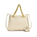 Chic beige quilted trapezoid bag with gold chain handle and lychee leather texture - White