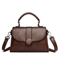 Dark brown vintage textured faux leather crossbody bag with top handle and round buckle - Brown