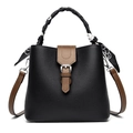 Black litchi pattern bucket bag with brown contrast flap and silk scarf handle - Black