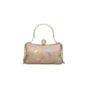 Champagne gold sequin clutch with feather prints, pearl clasp, and metal top handle - Pink (9266)