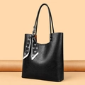 Black lychee texture tote bag with elegant heart pattern silk scarf and twin top handles - Black