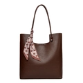 Deep brown faux leather tote bag with elegant heart pattern scarf on shoulder strap - Brown