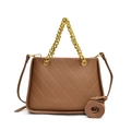Quilted caramel leather square handbag with golden chain handle and crossbody strap - Brown