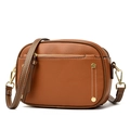 Caramel brown pebbled leather crossbody camera bag with white contrast stitching - Yellow Brown