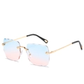 Chic rimless square sunglasses featuring blue-pink gradient lenses and gold metal frames - Blue & Pink