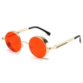 Classic steampunk round sunglasses with gold frame and vibrant orange reflective lenses - Gold Frame Wine Red