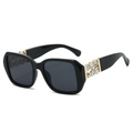 Fashionable black oversized sunglasses with gold metal hollow temples and rhinestone accents - Black Gold Frame Grey Lens