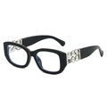 Modische quadratische Sonnenbrille in Schwarz mit silbernen Perlen am Metallbügel - Normal / Glänzend schwarzer Rahmen / Klare Gläser