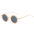 Retro round flower sunglasses with golden chain-textured frame and dark grey lenses - Gold Frame Black Grey