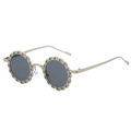 Champagne gold flower round sunglasses with dark gray lenses and chain-link frame - Silver Frame Grey Lens