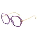 Oversize hexagonal purple fashion glasses with gold metal temples on white background - Purple Frame Clear Lens