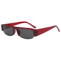 Moderne halbrandlose rote rechteckige Sonnenbrille mit dunklen Gläsern und breiten Bügeln - Weinroter Rahmen / Graue Gläser