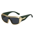 Futuristic gold wrap-around sports sunglasses with dark grey shield lenses for cycling - Gold Frame Green Temple Gray Lens