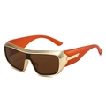 Futuristic sports sunglasses with gold frames, orange temples and wrap-around brown lens - Gold Frame Tea Lens Orange Temple