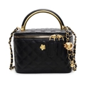 Vintage black quilted bucket bag with gold chain strap and metal handle for women - Black Large