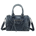 Retro washed denim motorcycle bag with top handles, tassels, and crossbody strap - Blue