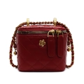 Mini sac seau matelassé rouge avec fleur de camélia dorée et bandoulière chaîne - Rouge Vin Petit