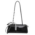 Minimalist black rectangle shoulder bag featuring a white lace bow on the glossy strap - Black