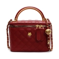 Red quilted leather bucket bag with golden metal handle and chain strap vanity case style - Wine Red Large