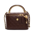Quilted vanity bag in dark brown leather with gold metal handle and camellia logo - Coffee Large
