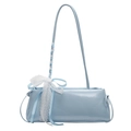 Light blue patent leather pleated shoulder bag with a large white lace bow accent - Blue