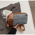 Gray-blue square crossbody bag with dual zippers and adjustable wide fabric strap - Blue