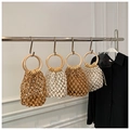 Detail showing handwoven hollow mesh crochet bags with circular wooden handles - Style 1 / White