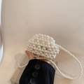 Mini handmade pearl beaded sphere handbag with a long white pearl crossbody chain - White