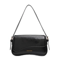 Minimalist black glossy shoulder bag with wavy bottom and gold fashion text detail - Black