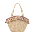 Handmade straw tote bag featuring natural fiber weave and colorful pastel tassels - Off White