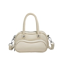 Beige lychee texture Boston handbag with double handles and adjustable crossbody strap - White