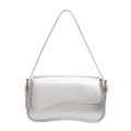 Minimalist silver metallic underarm bag with asymmetrical curved flap and gold text - Silver