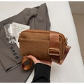 Brown canvas crossbody bag with dual zippers and adjustable wide strap in minimalist style - Brown
