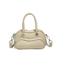 Minimalist cream beige cross-body bucket bag with elegant wave zipper and lychee leather - Khaki